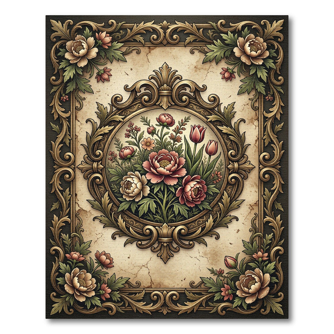 Antique Floral Ornate Gold Medallion Rug