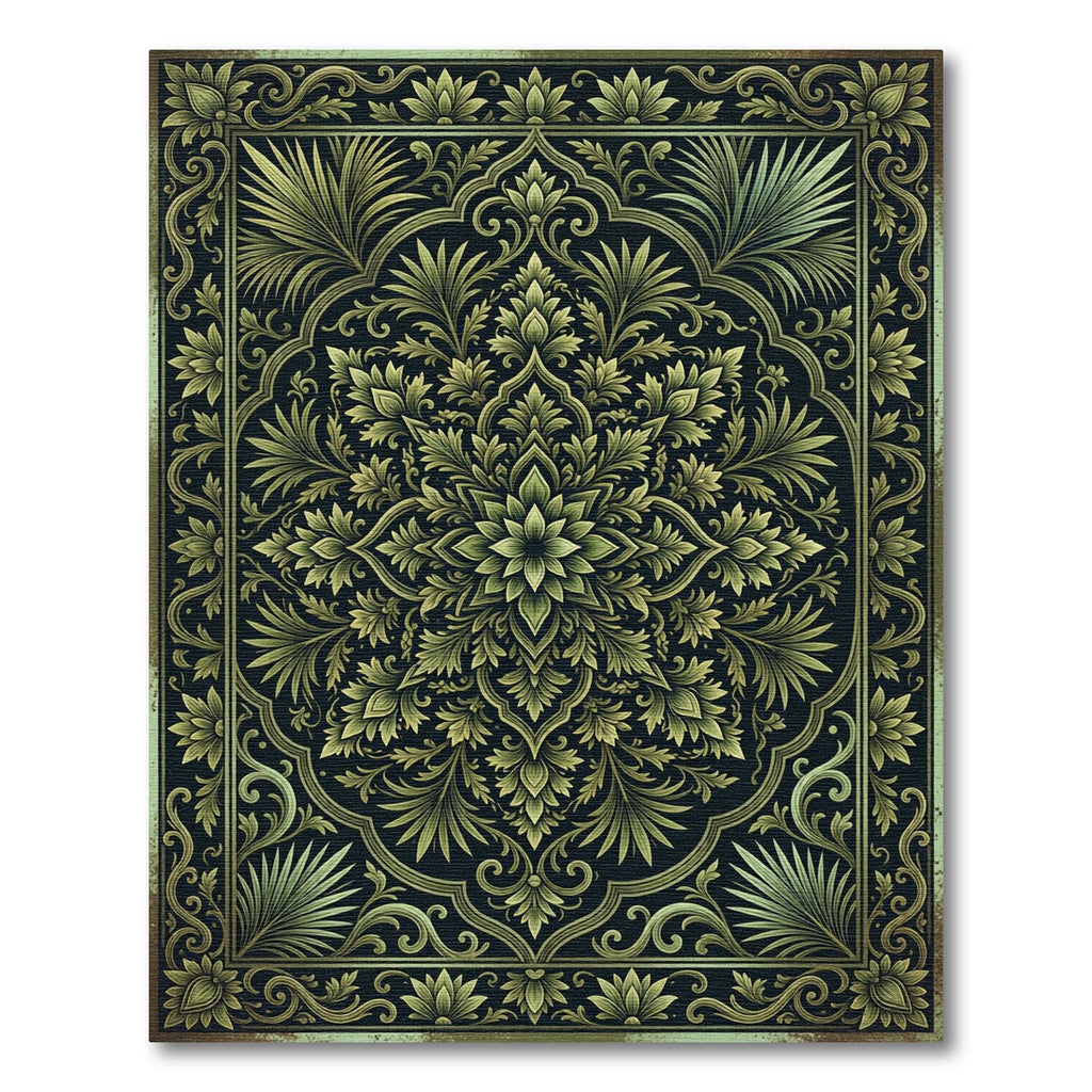 Ornate Gold Green Floral Medallion Rug