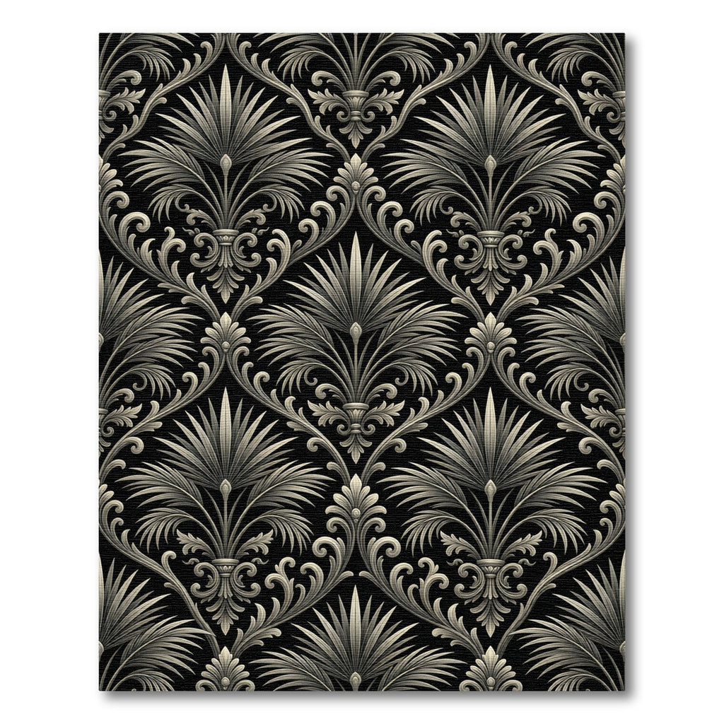 Elegant Charcoal Black Palm Damask Wallpaper Rug
