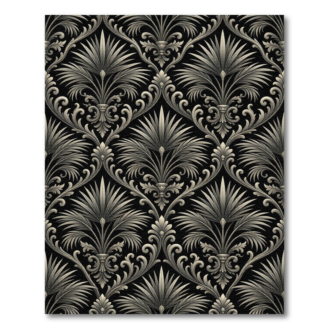 Elegant Charcoal Black Palm Damask Wallpaper Rug
