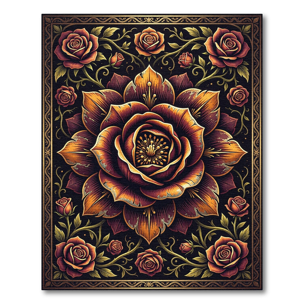 Ornate Golden Rose Dark Floral Medallion Rug