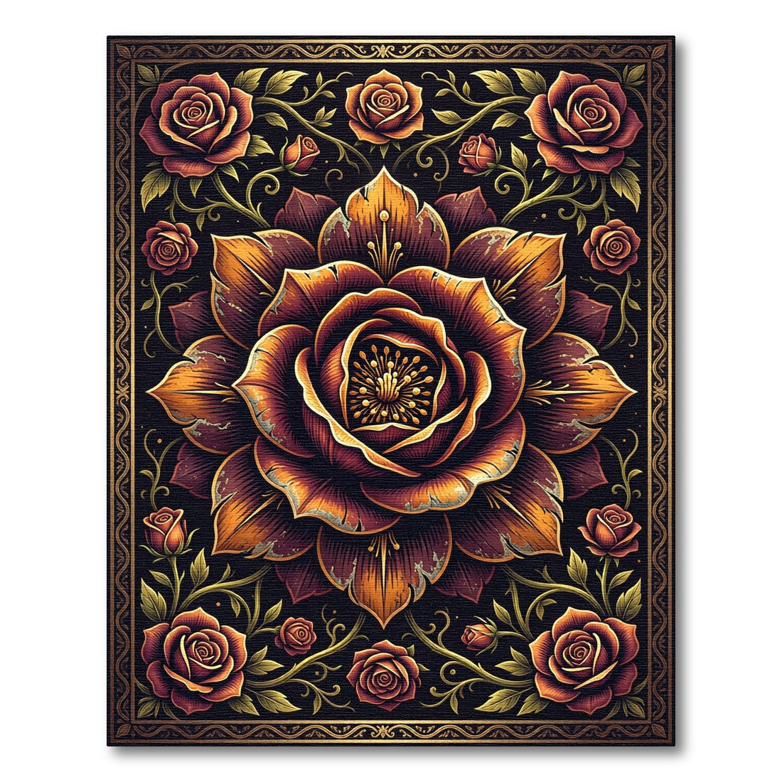 Ornate Golden Rose Dark Floral Medallion Rug