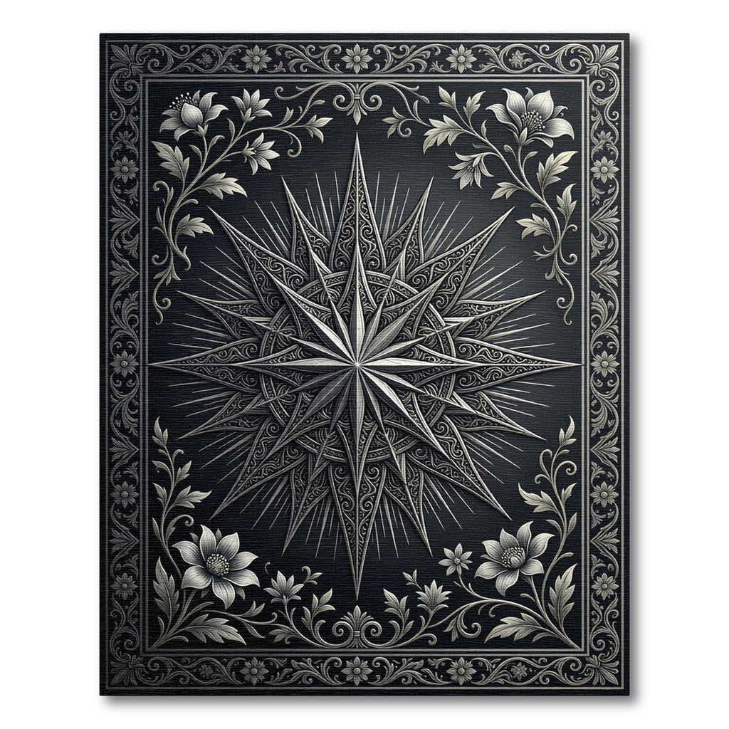 Ornate Black Starburst Floral Frame Rug