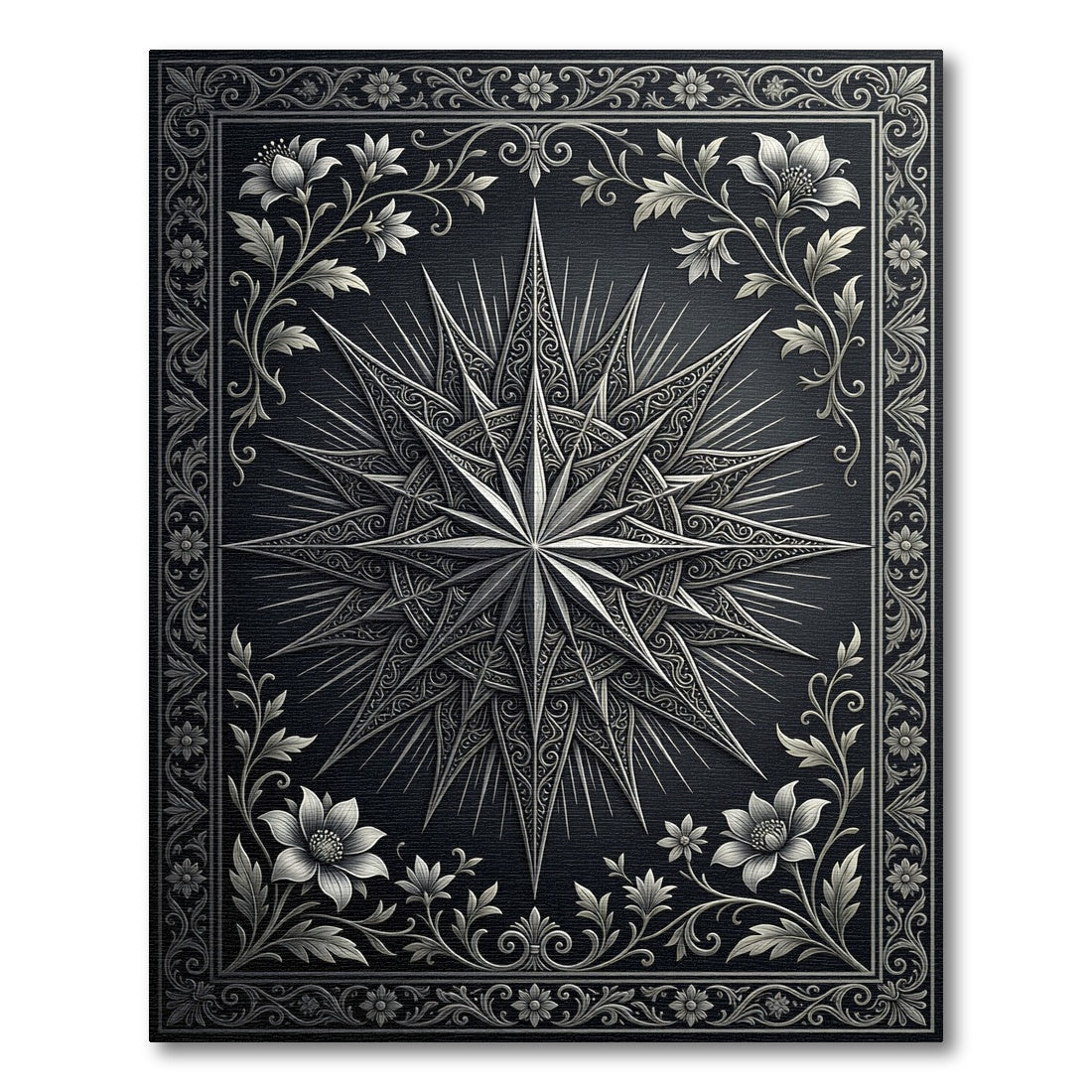 Ornate Black Starburst Floral Frame Rug