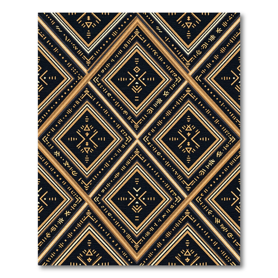 Golden Geometric Diamond Grid Black Rug