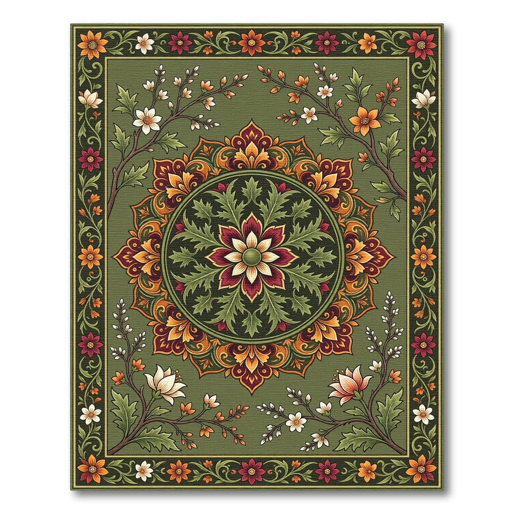 Rich Emerald Medallion Floral Branches Rug
