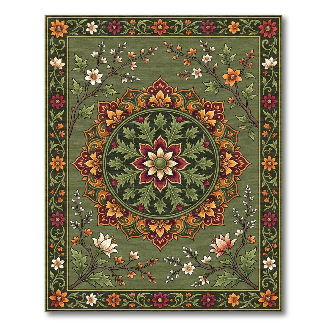 Rich Emerald Medallion Floral Branches Rug