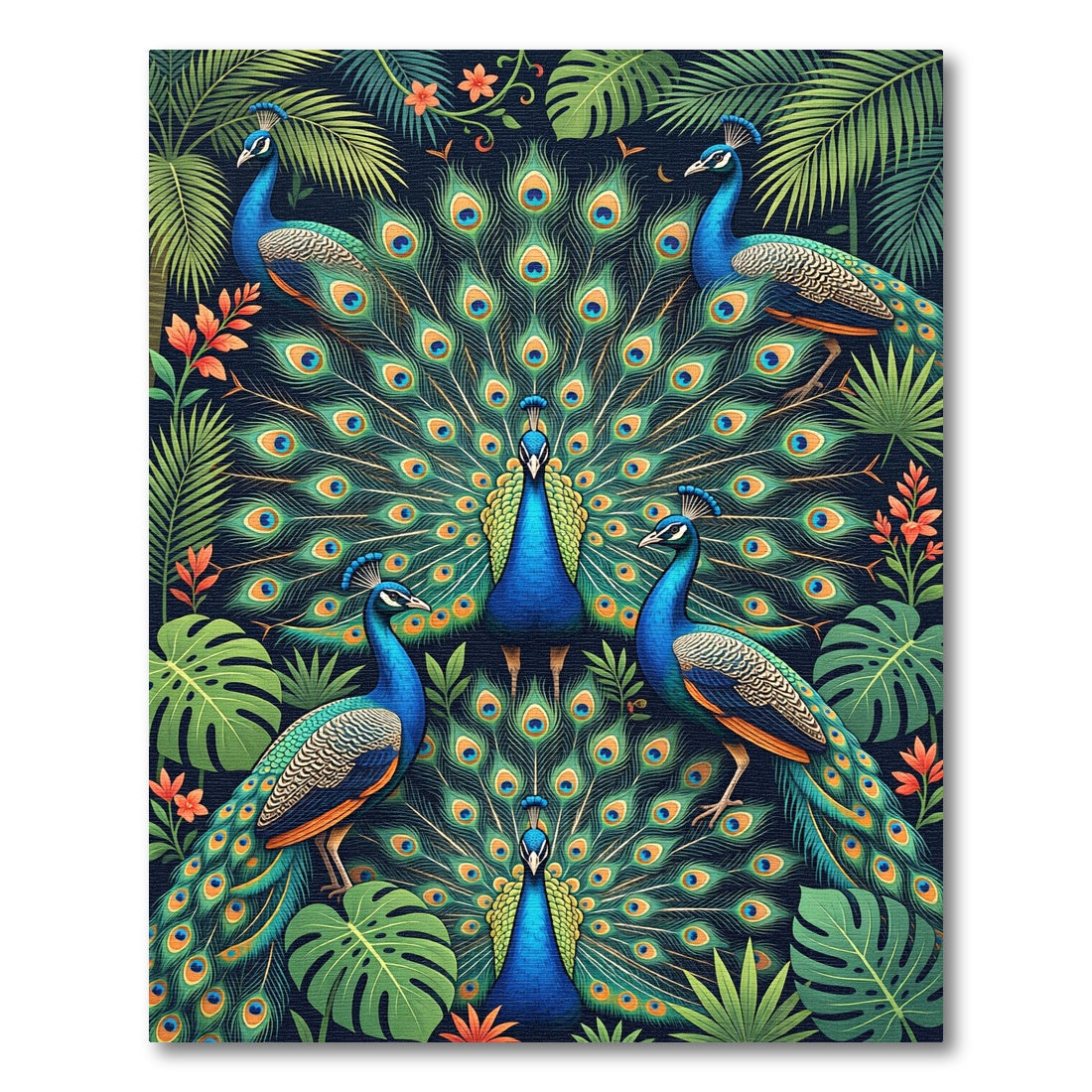 Vibrant Tropical Peacock Garden Illustration Rug