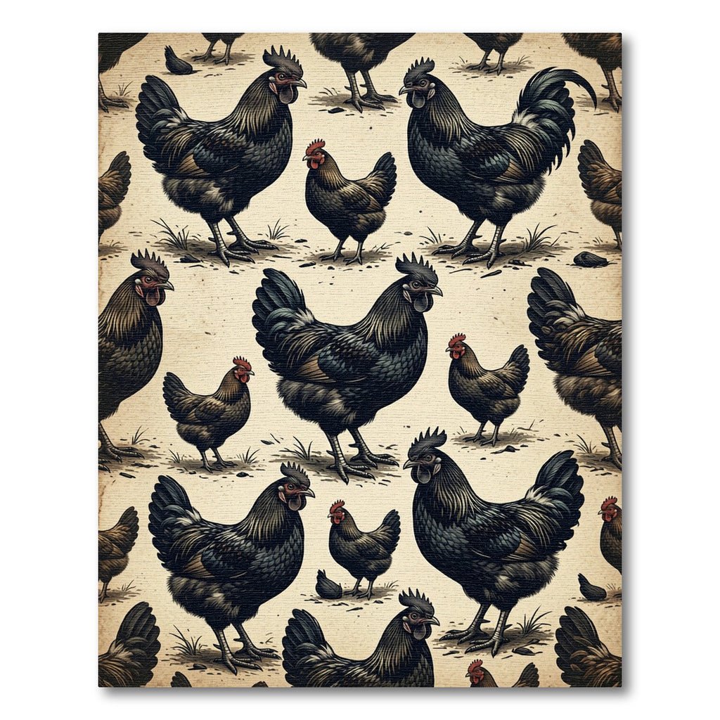 Vintage Black Chicken Farm Illustration Rug