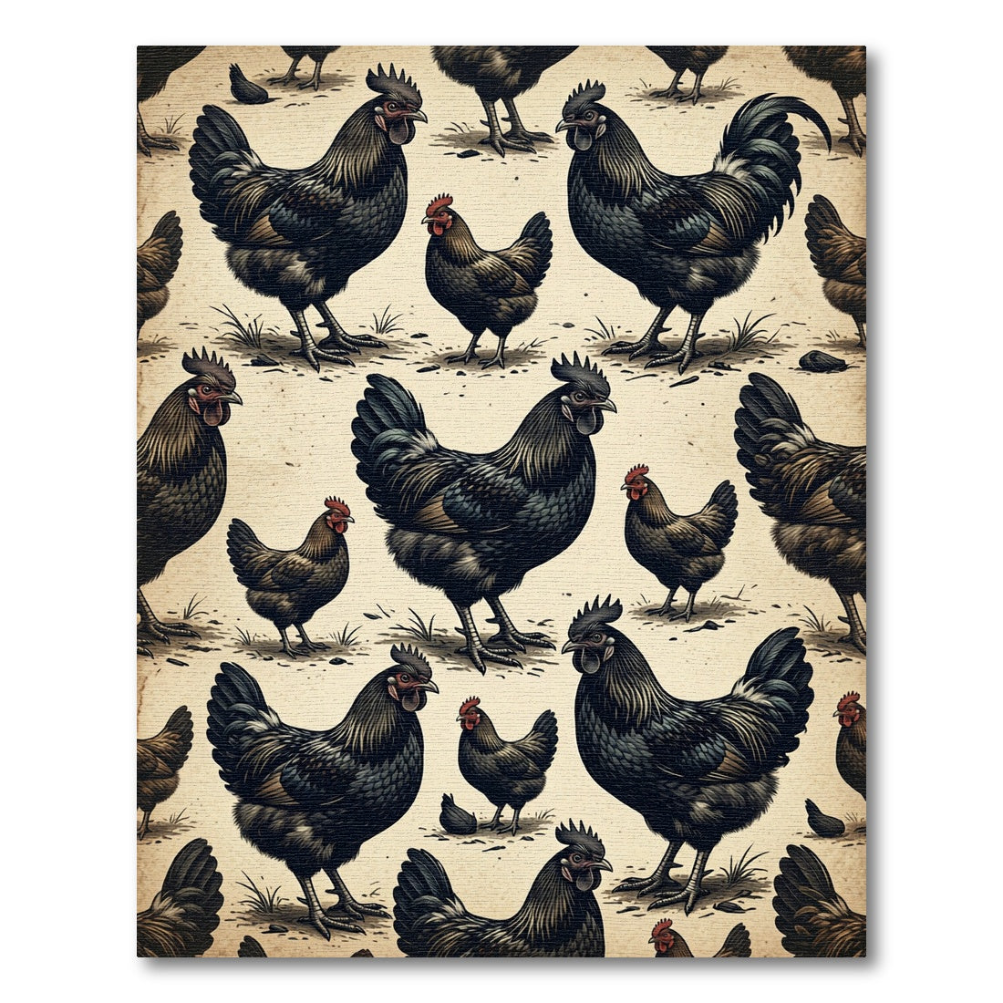 Vintage Black Chicken Farm Illustration Rug