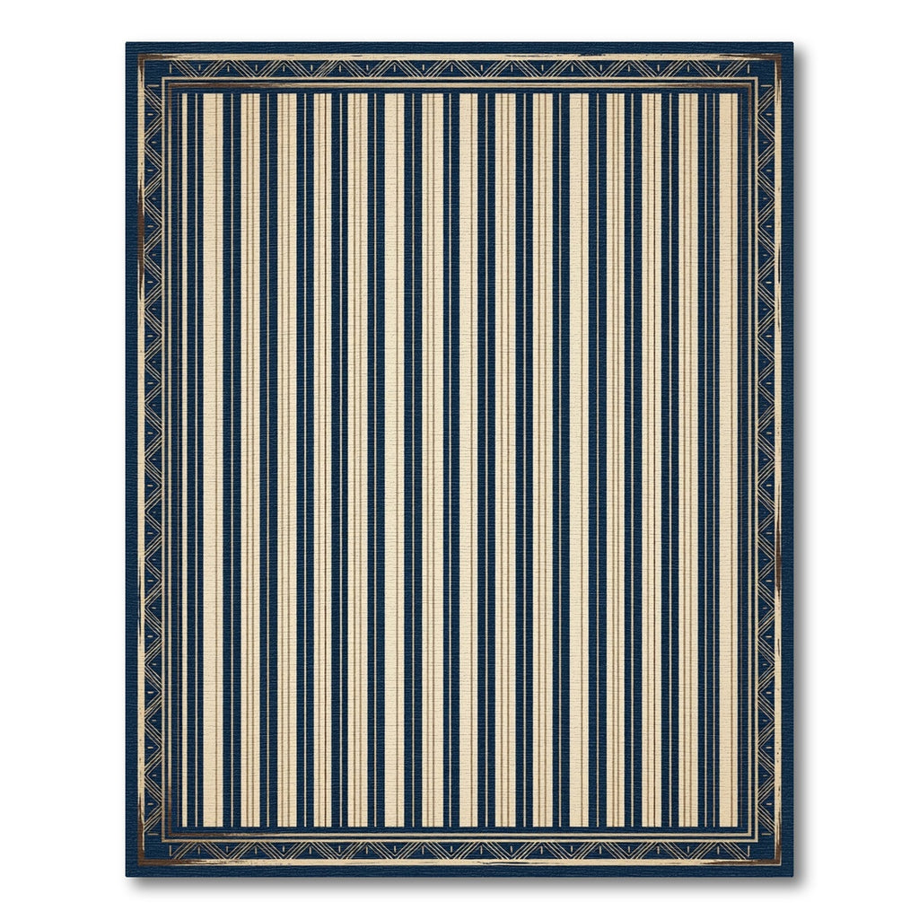 Navy Cream Vertical Stripe Border Rug