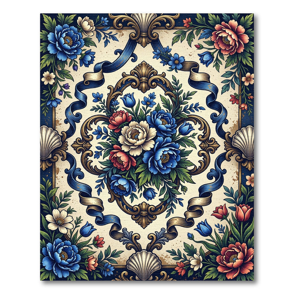 Elegant Blue Peony Floral Baroque Scroll Rug