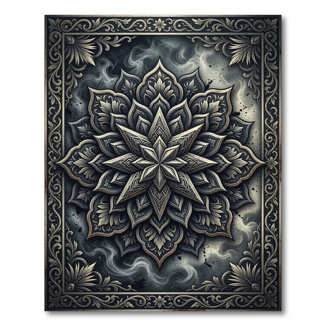 Dark Celestial Silver Lotus Medallion Rug