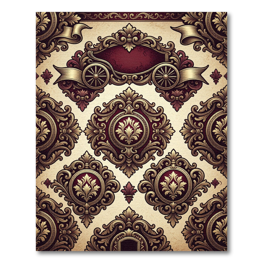Regal Crimson Gold Damask Scrollwork Rug