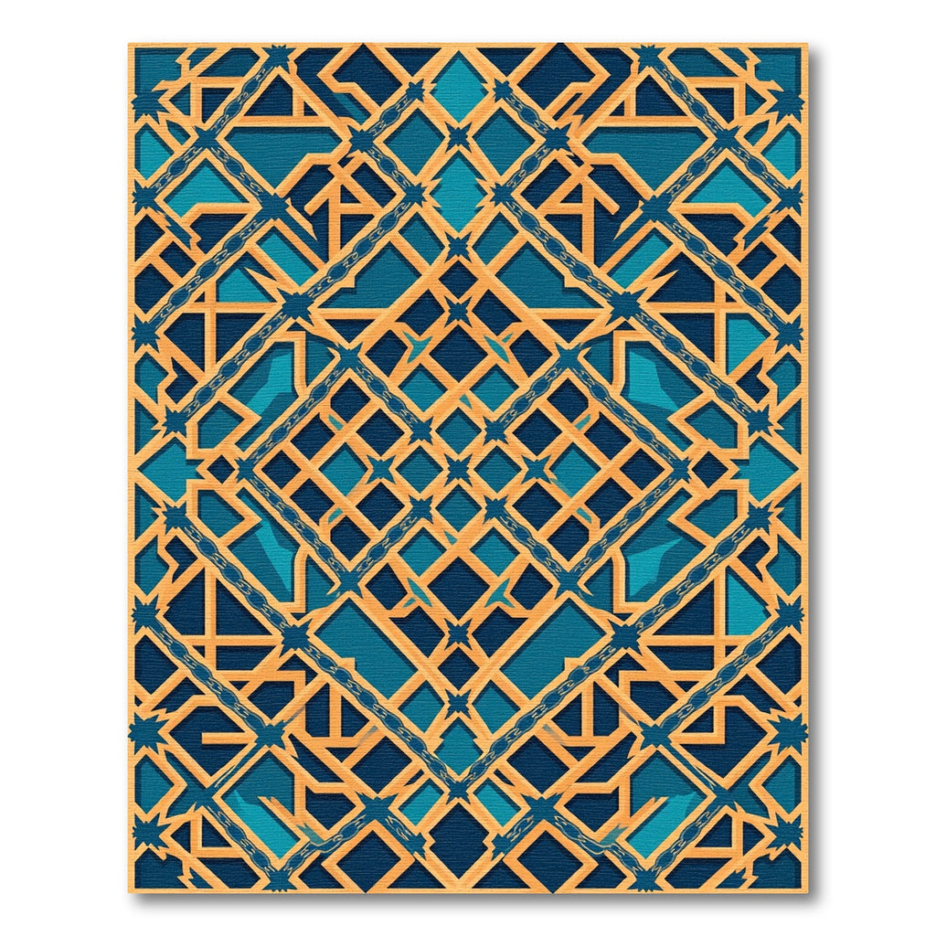 Golden Geometric Interlocking Azure Lattice Rug