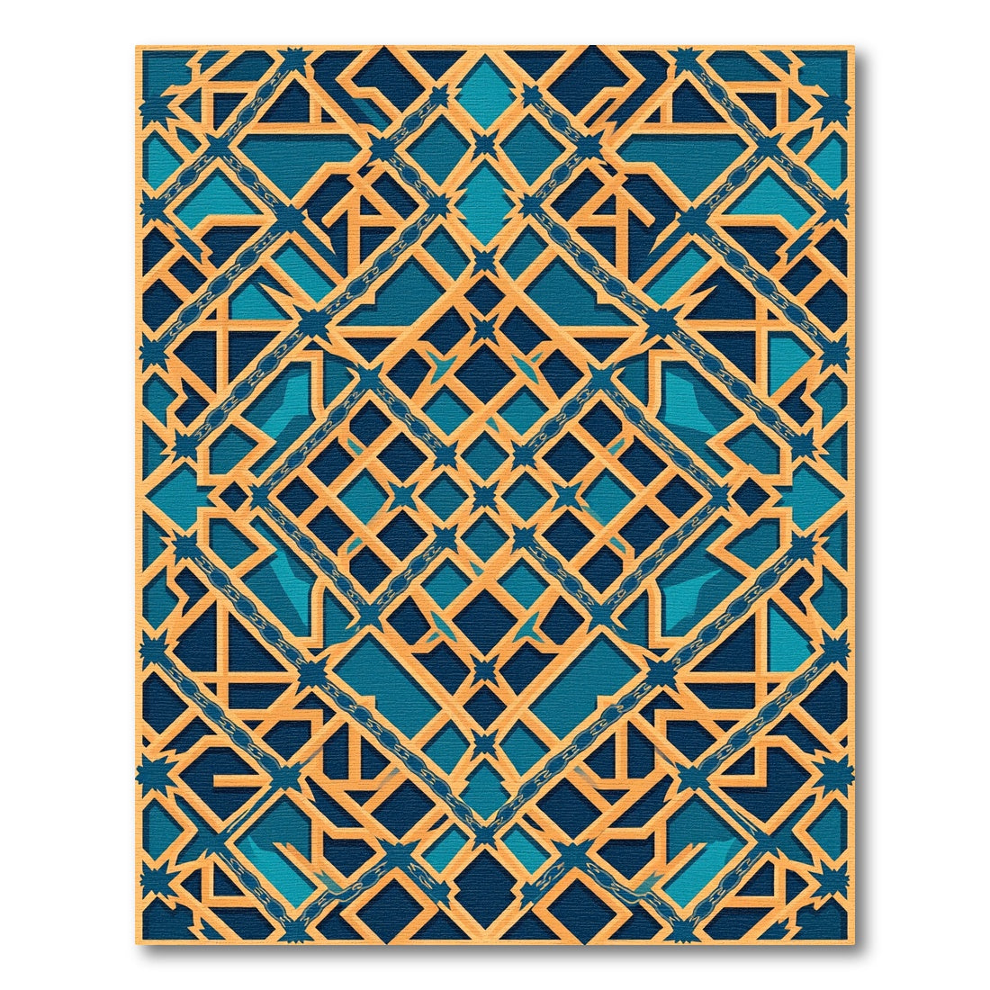 Golden Geometric Interlocking Azure Lattice Rug