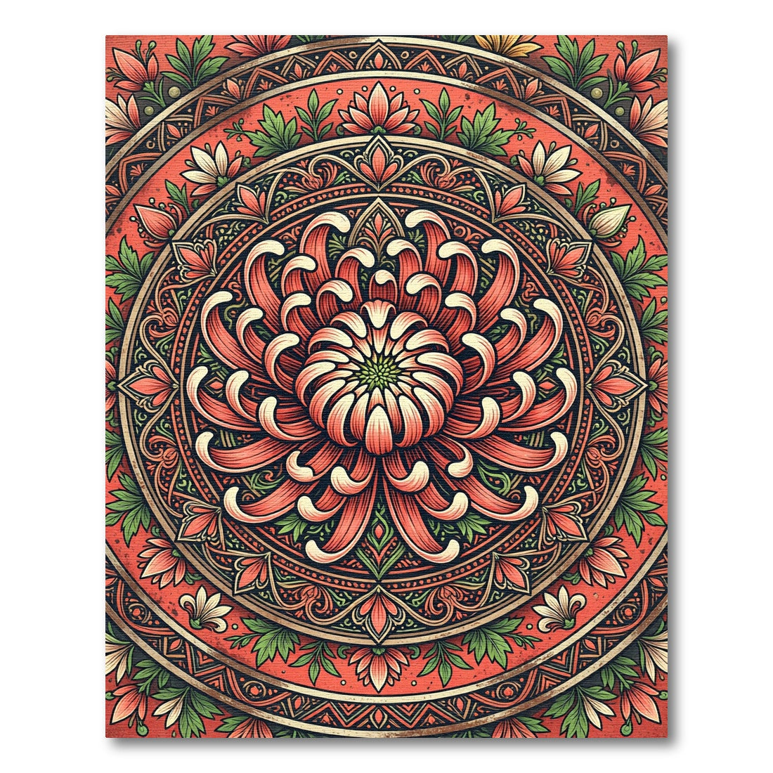 Radiant Coral Chrysanthemum Floral Medallion Rug