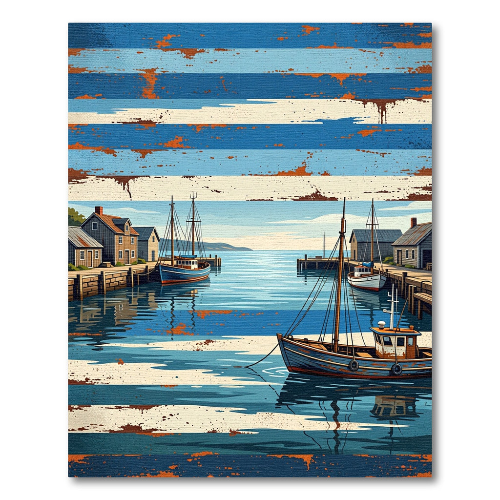 Rustic Nautical Harbor Boats Landscape Rug