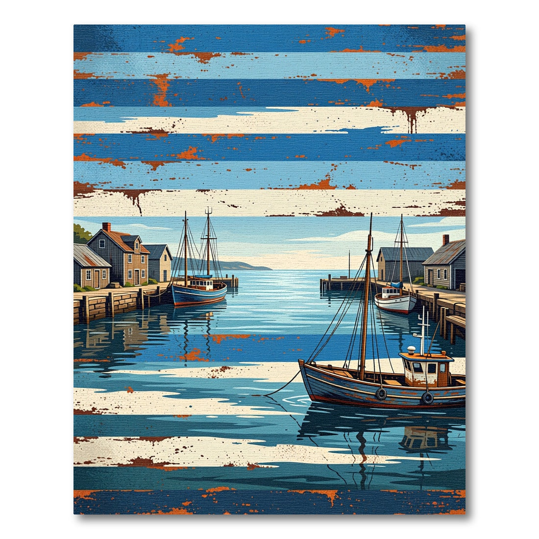 Rustic Nautical Harbor Boats Landscape Rug