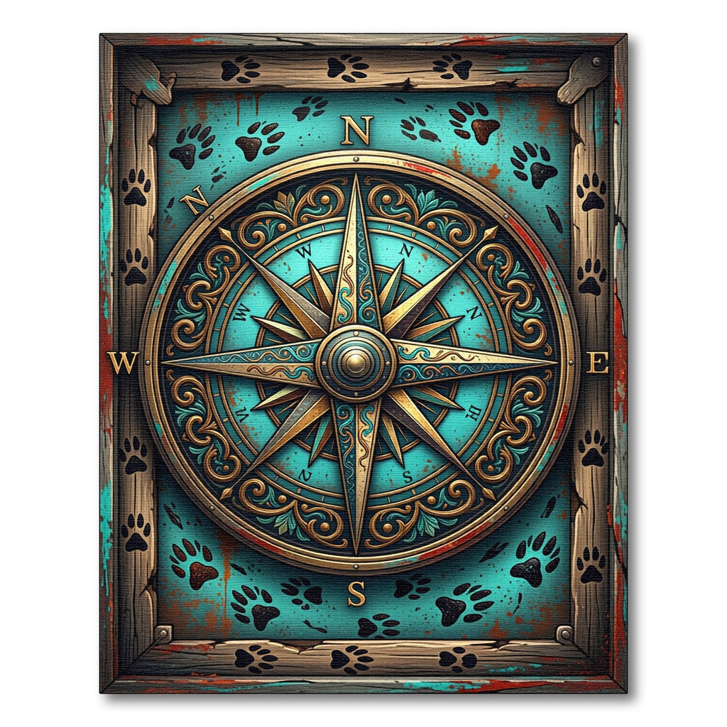 Vintage Teal Compass Paw Print Art Rug