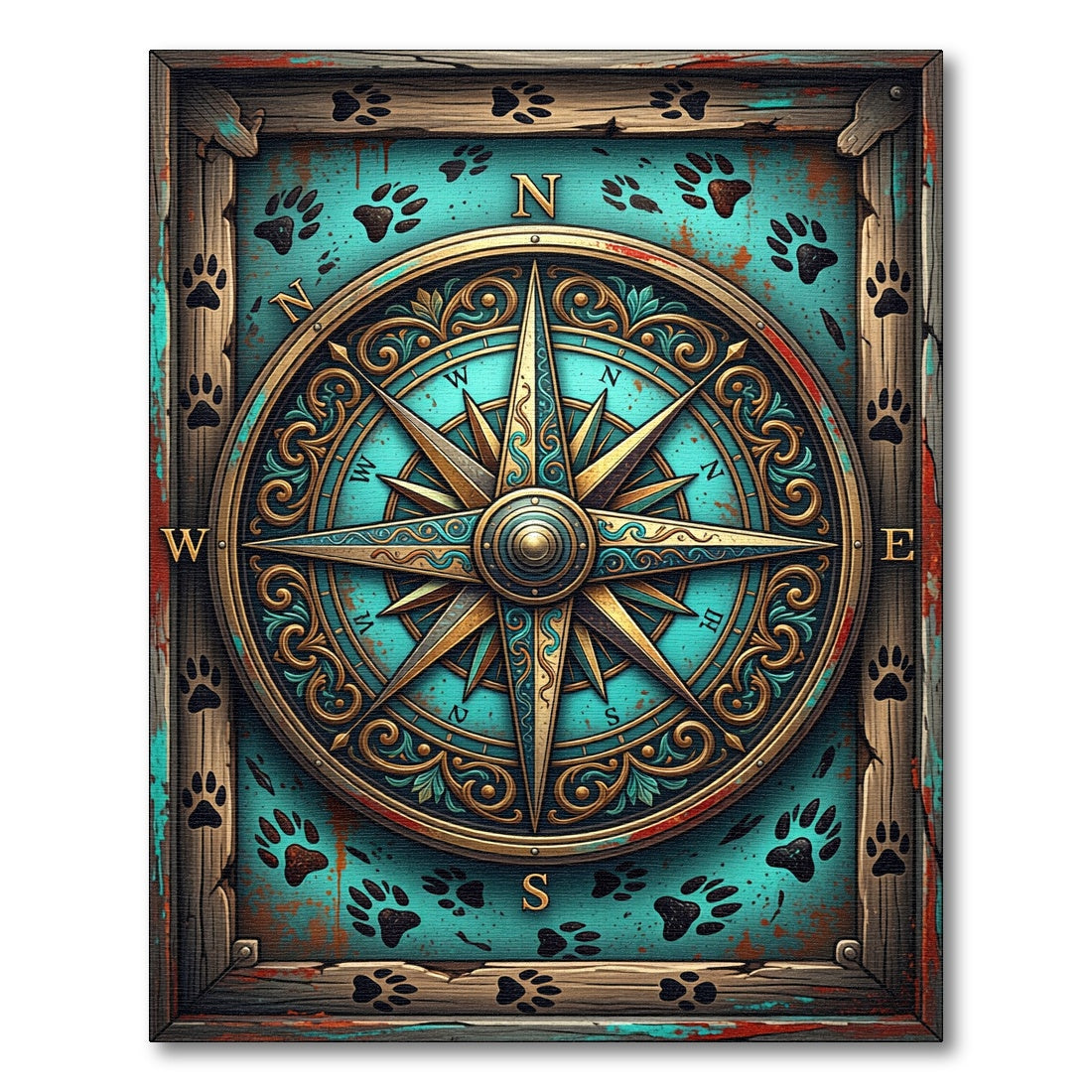 Vintage Teal Compass Paw Print Art Rug