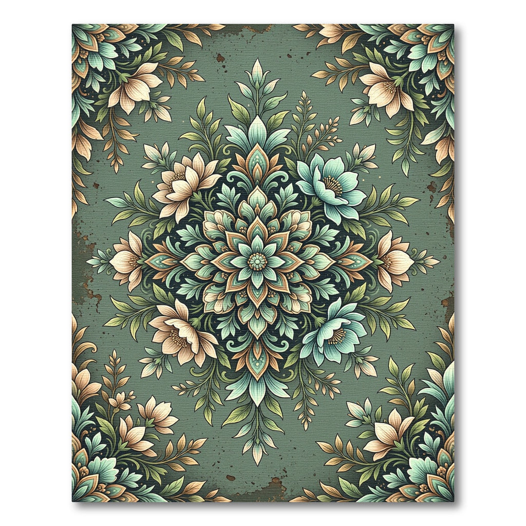 Sage Green Floral Medallion Botanical Illustration Rug