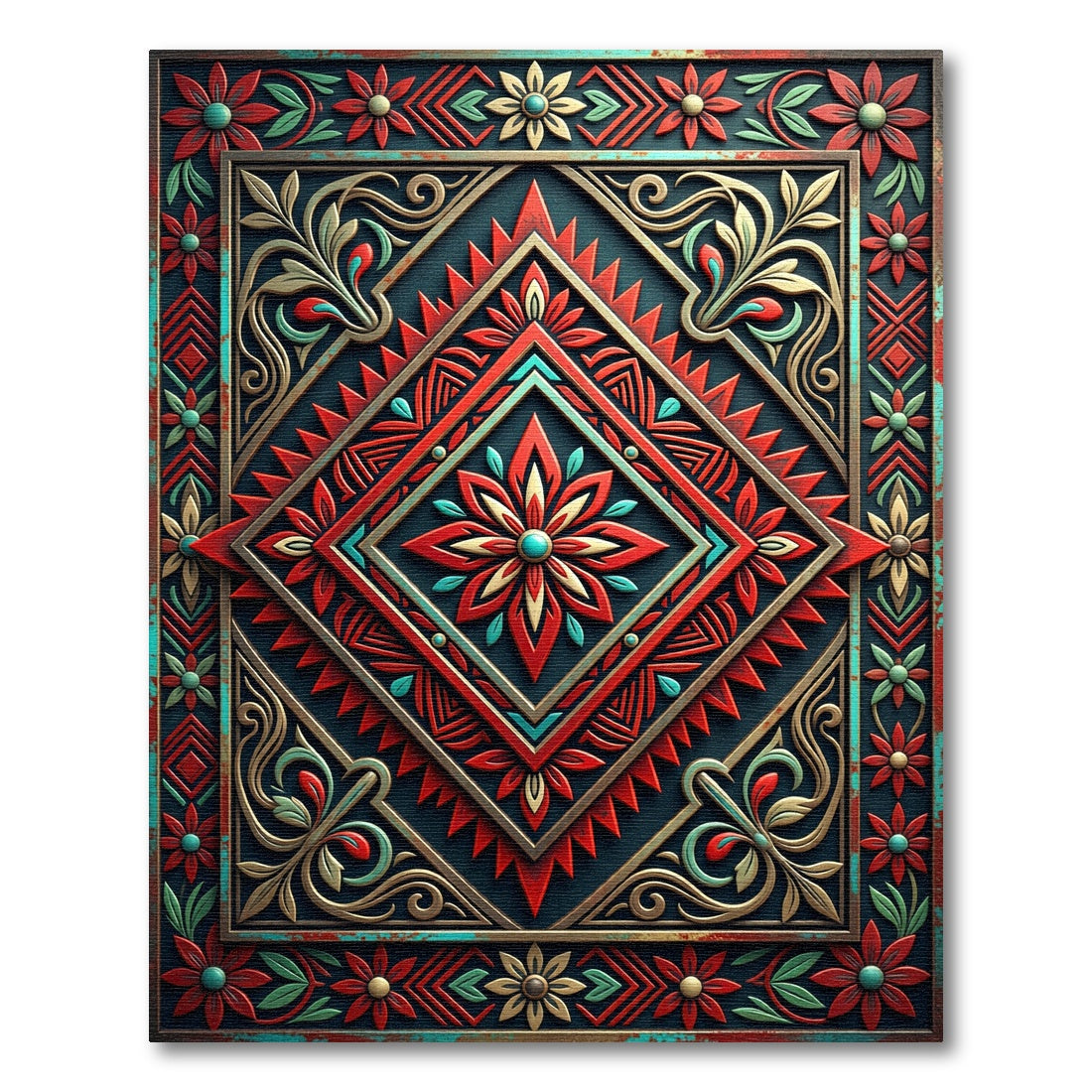 Vibrant Crimson Teal Geometric Floral Medallion Rug