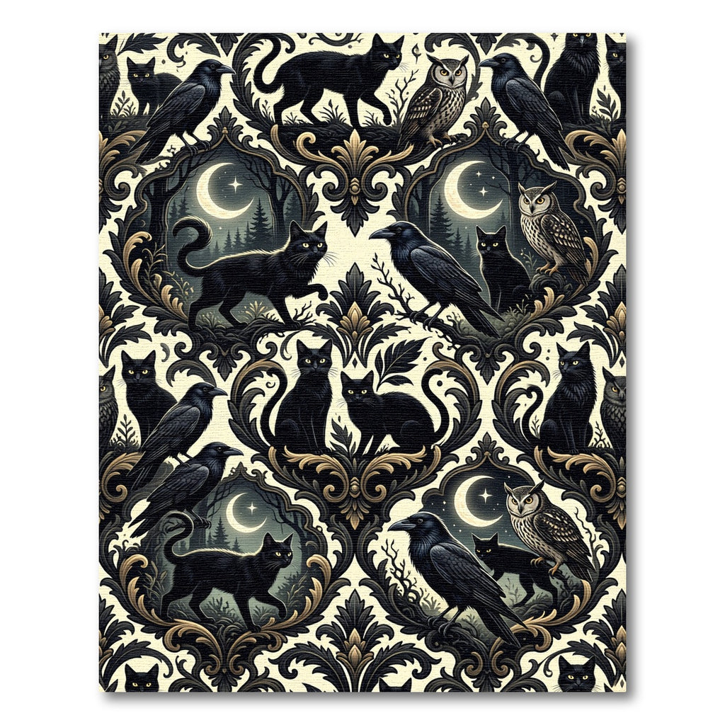 Gothic Black Cat And Raven Damask Rug