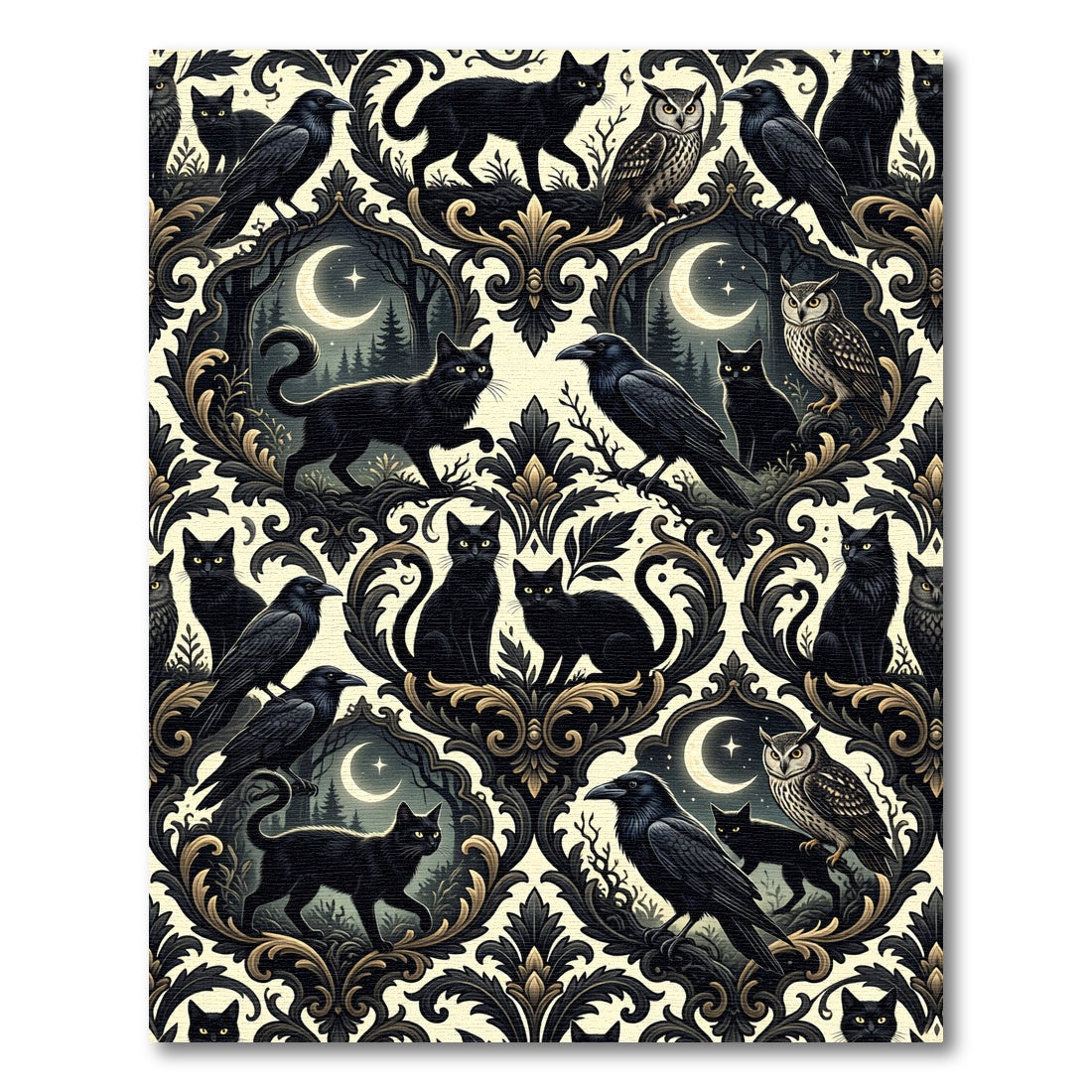 Gothic Black Cat And Raven Damask Rug