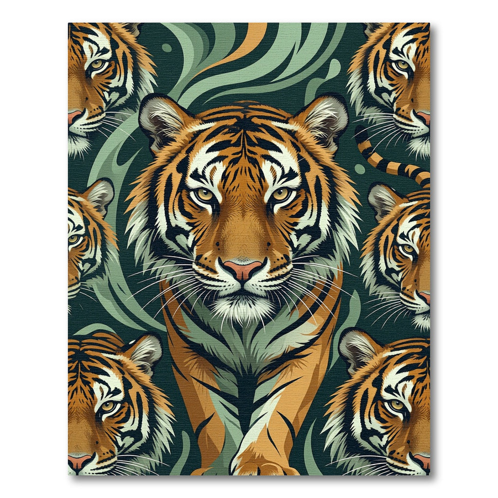 Bold Tiger Faces Green Abstract Background Rug