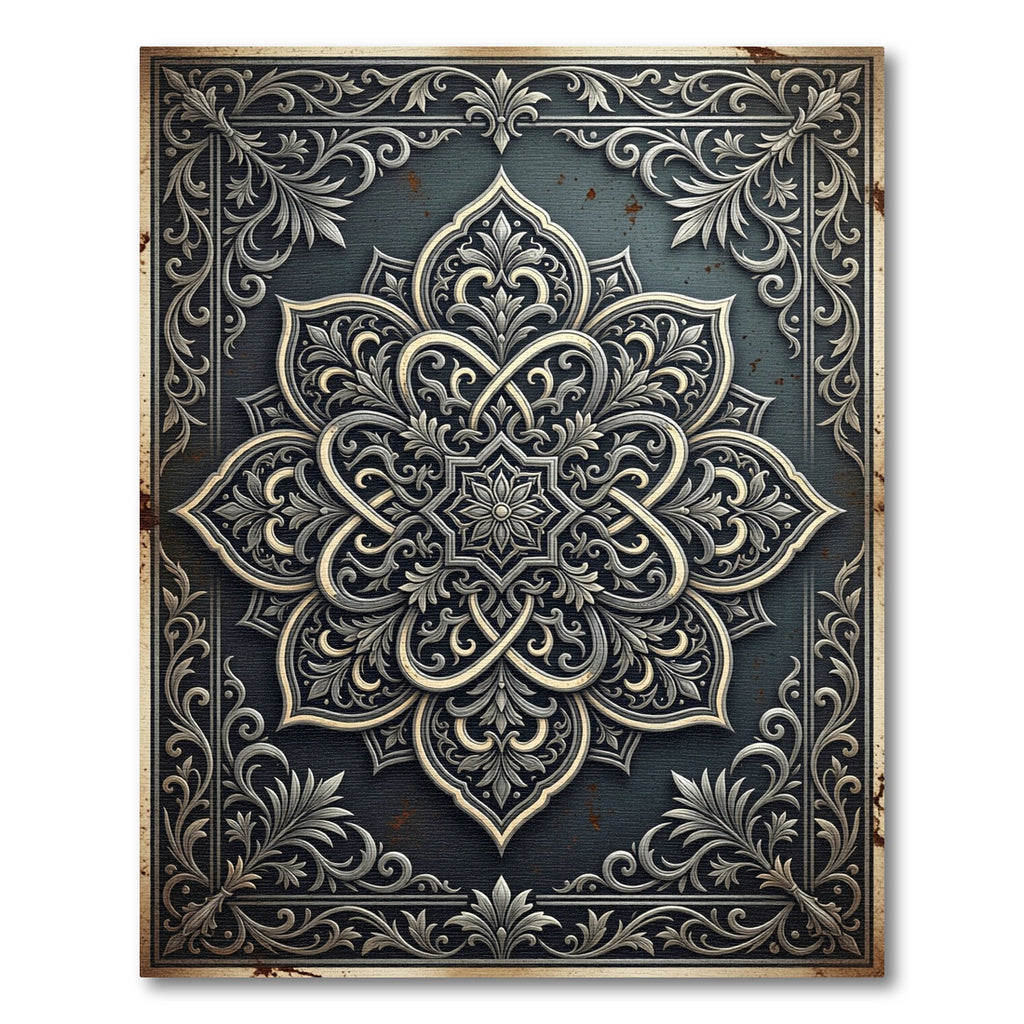 Intricate Silver Floral Slate Damask Rug