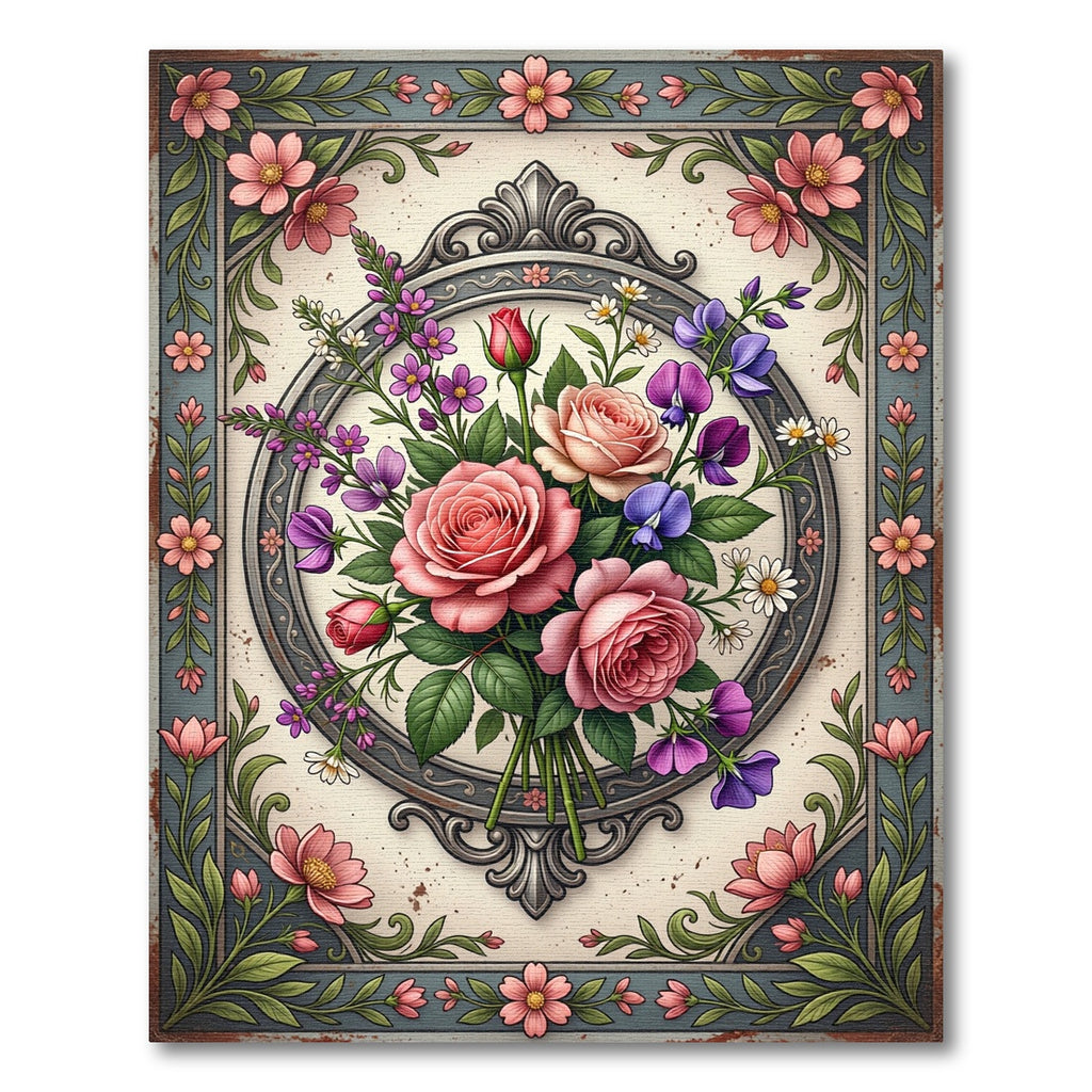 Elegant Pink Rose Botanical Frame Rug