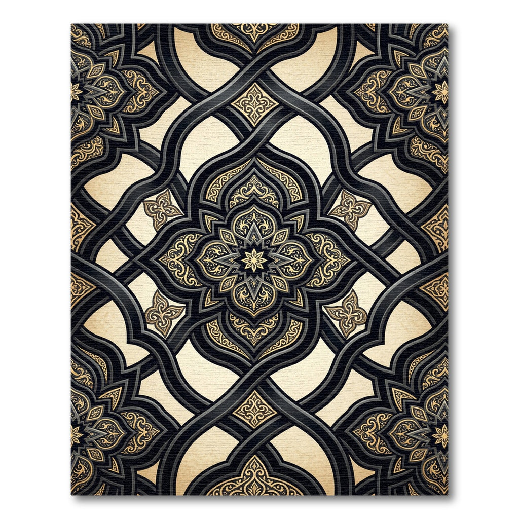 Ornate Black and Gold Interlocking Scroll Rug