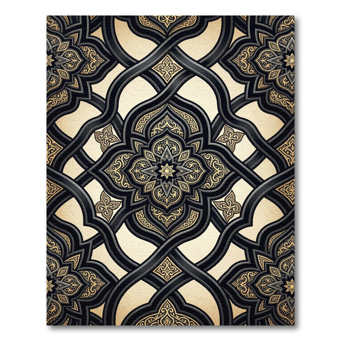 Ornate Black and Gold Interlocking Scroll Rug