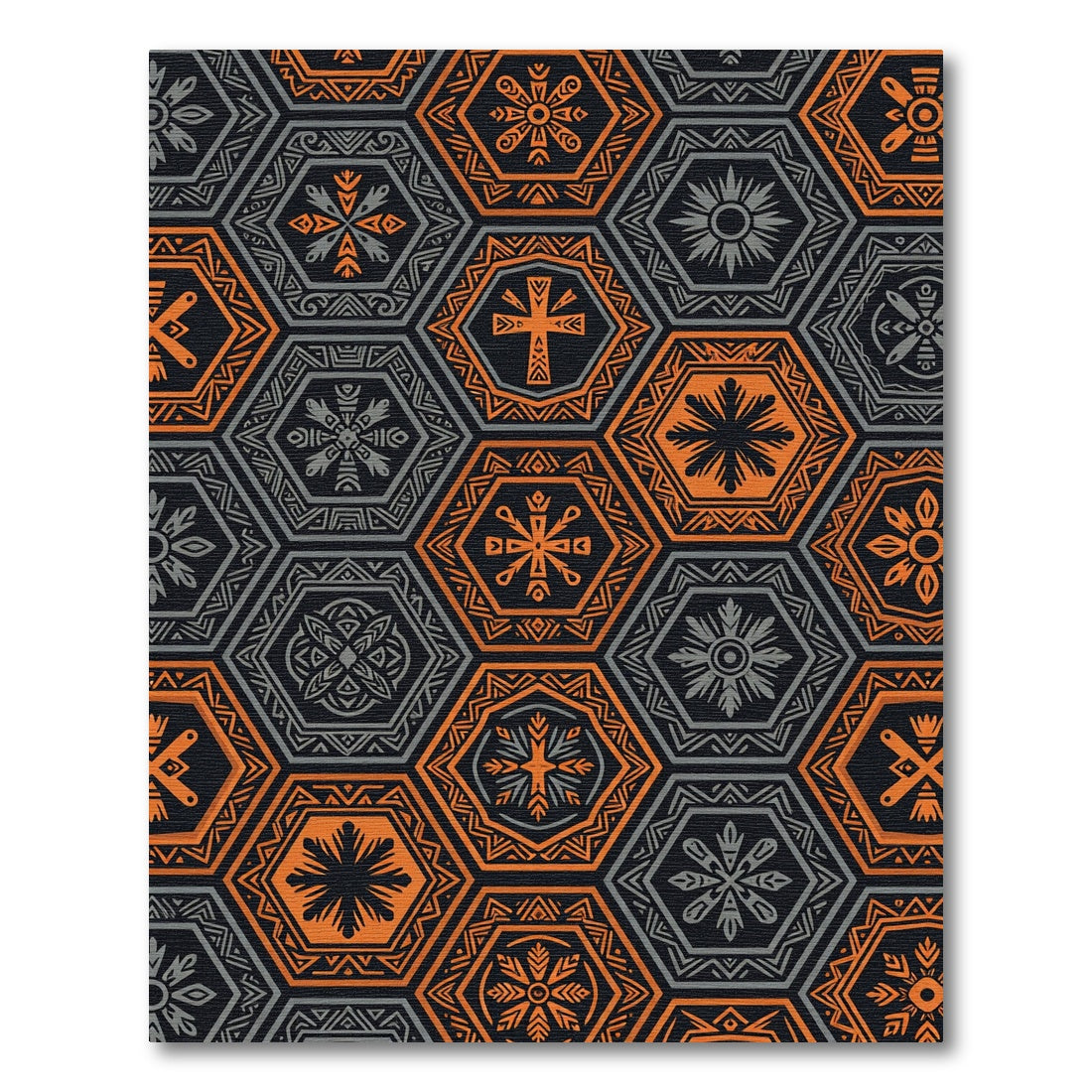 Retro Hexagonal Orange Gray Symbols Rug