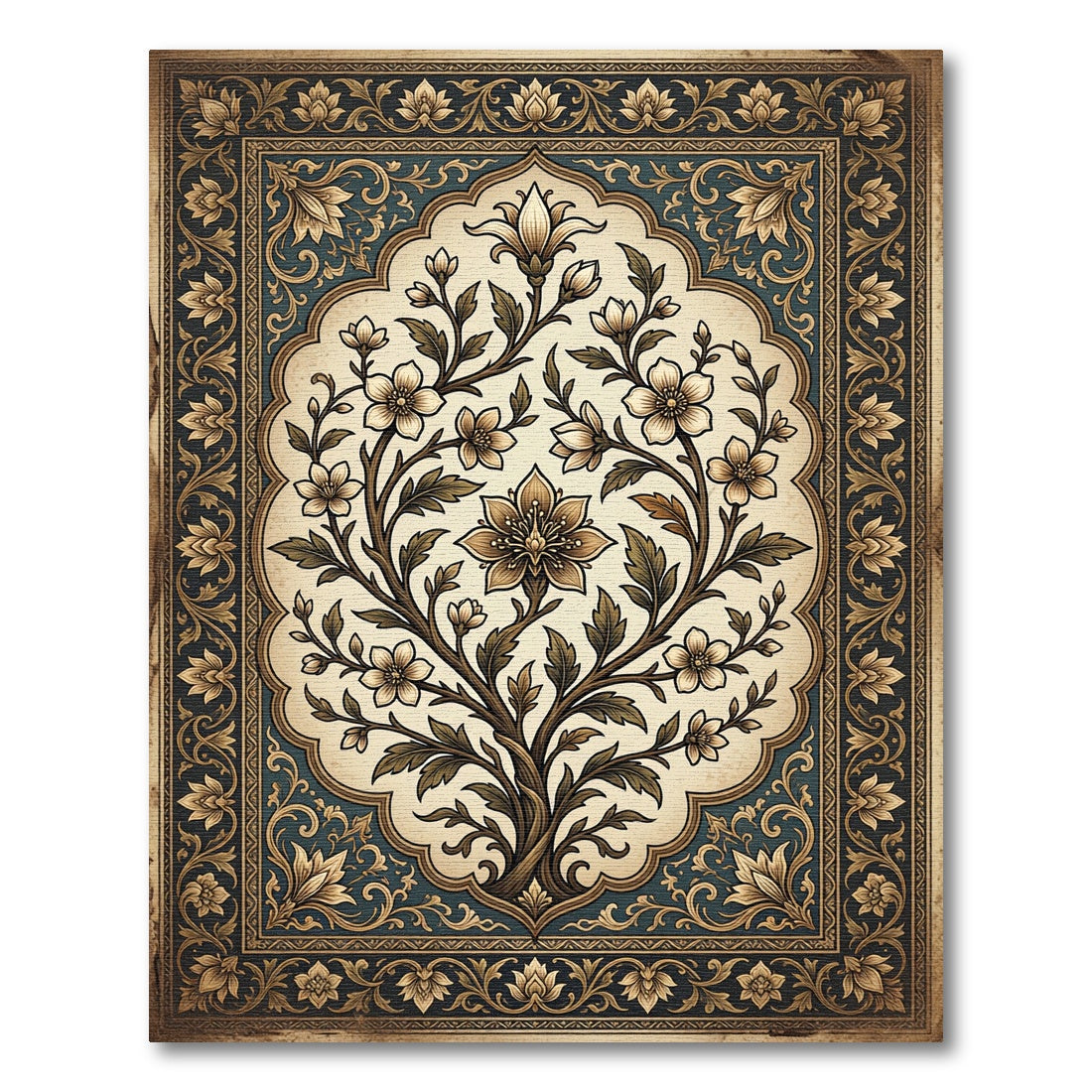 Golden Laurel Tree In Blue Border Rug