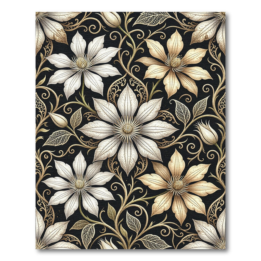 Elegant Gold and White Clematis Floral Rug