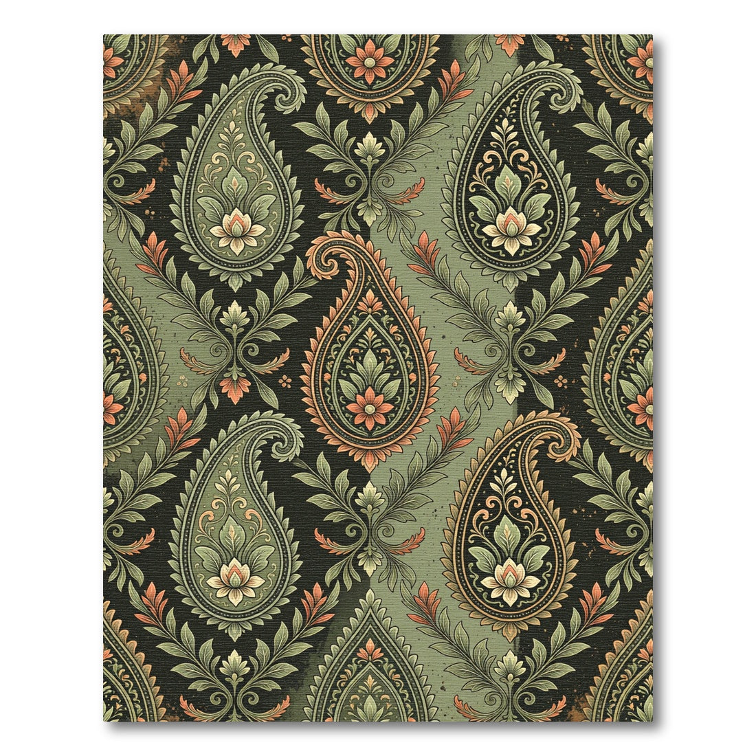 Sage Green Ornate Paisley Floral Tile Rug