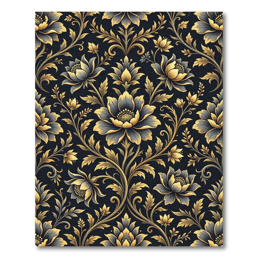 Elegant Gold and Navy Floral Damask Rug