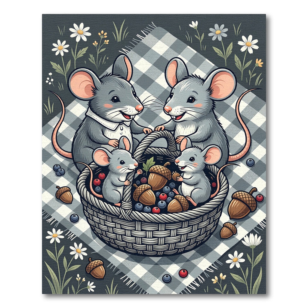 Whimsical Picnic Mice with Acorn Berries Rug