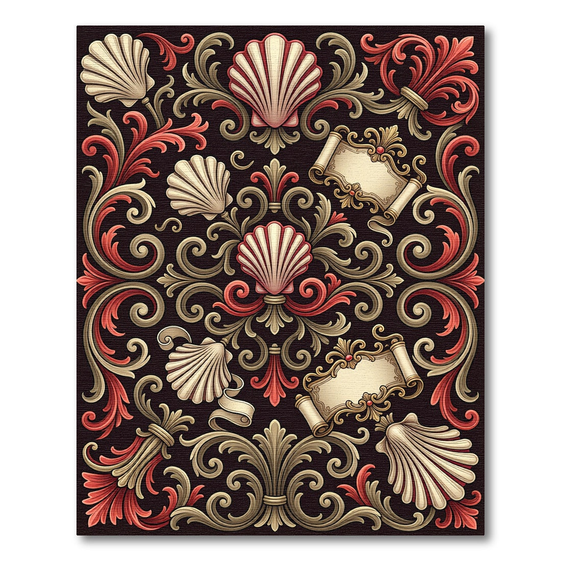 Ornate Scarlet Seashell Scrollwork Rug