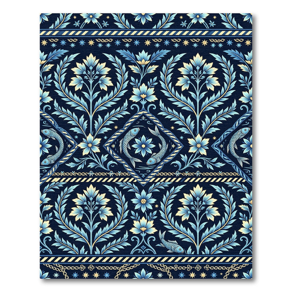 Deep Blue Floral Fish Medallion Garden Rug