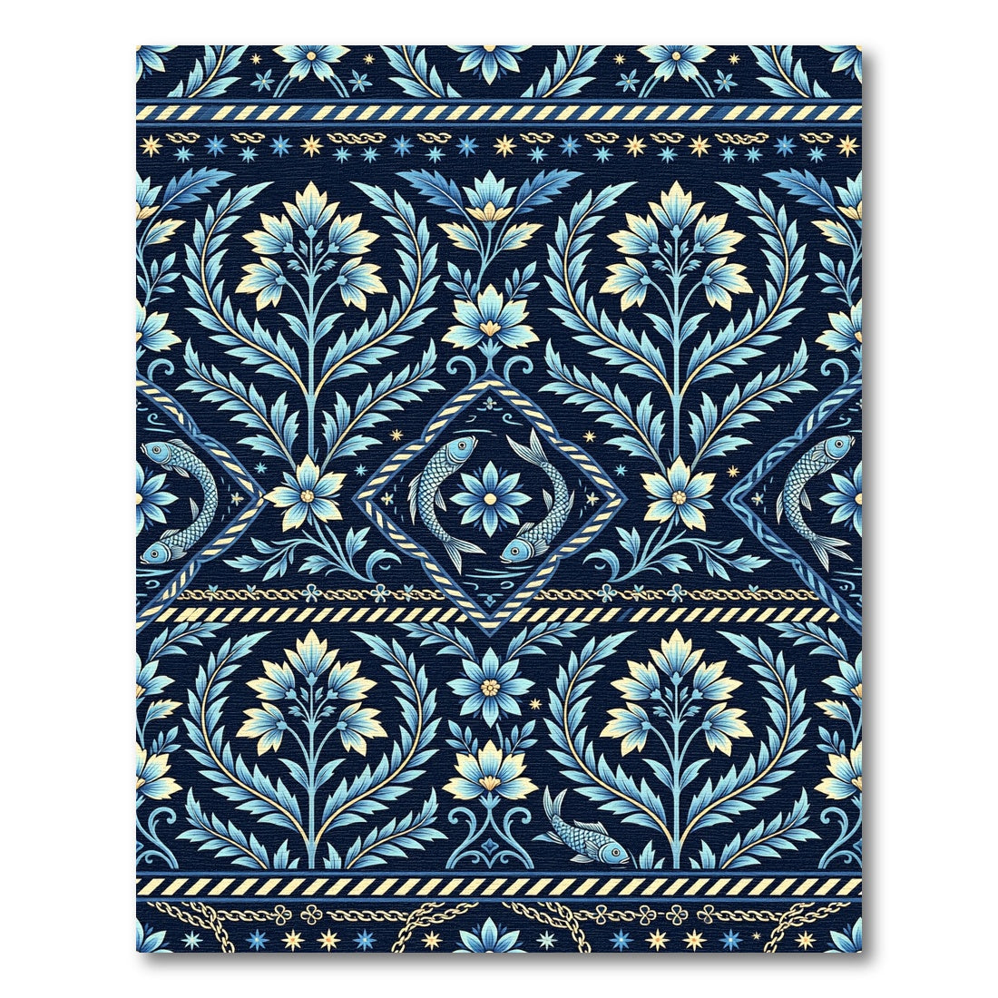 Deep Blue Floral Fish Medallion Garden Rug