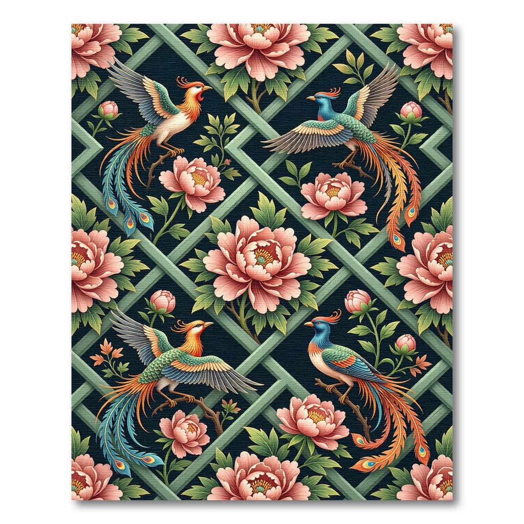 Chinoiserie Phoenix Floral Lattice Art Rug