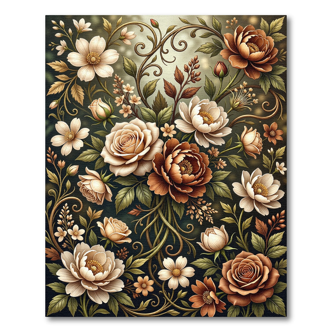Elegant Sepia Botanical Floral Bouquet Rug