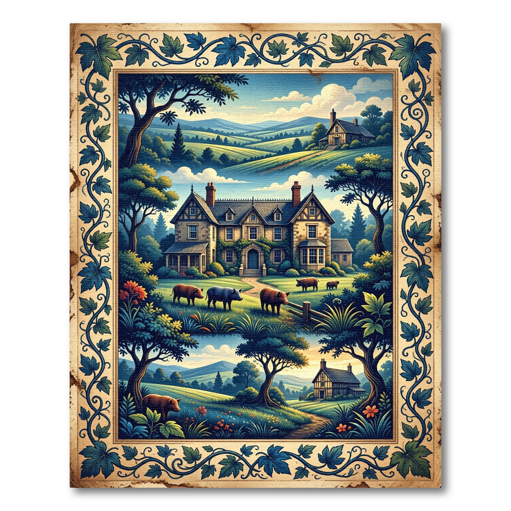 Earthy Pastoral Farmhouse Meadow Landscape Rug