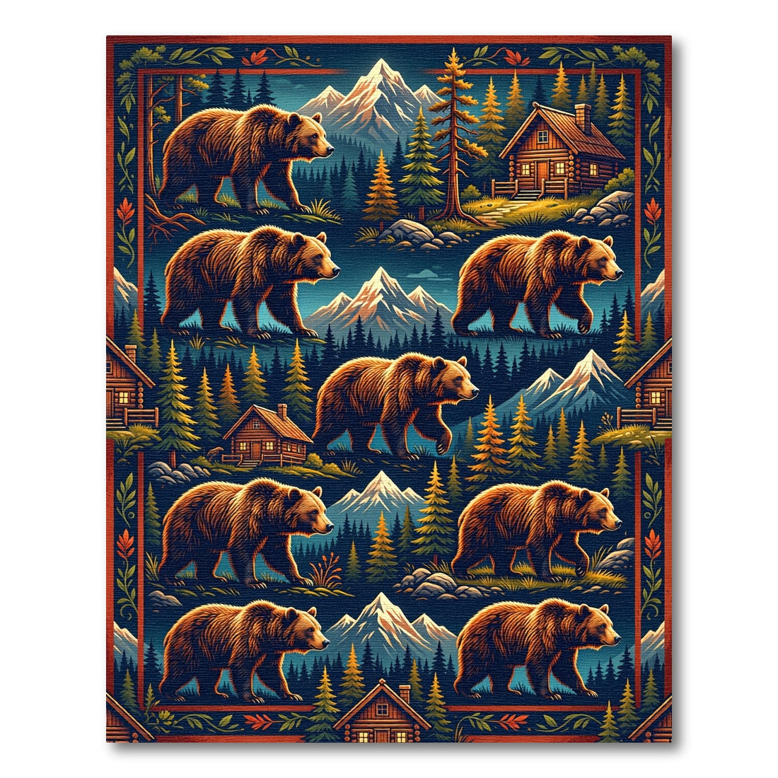 Rustic Grizzly Bear Mountain Cabin Illustration Rug