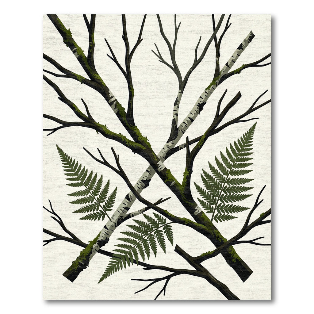 Crossed Birch Branches Fern Botanical Art Rug