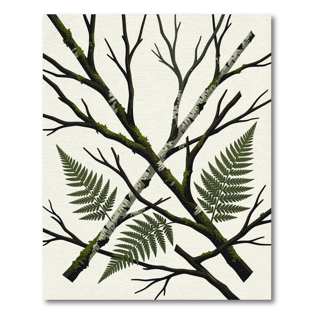 Crossed Birch Branches Fern Botanical Art Rug
