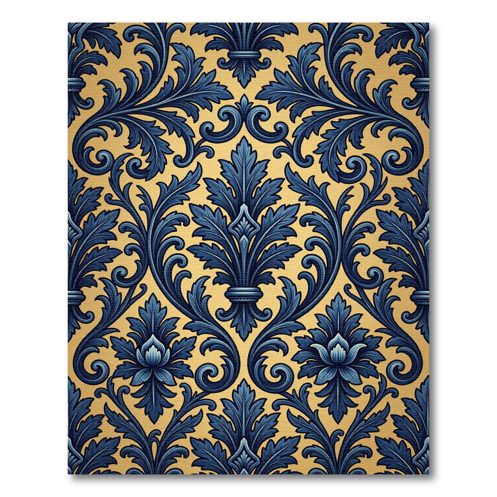 Ornate Navy Blue Gold Damask Rug